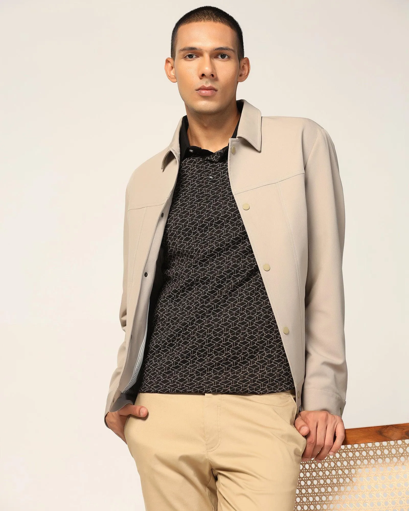 Beige Solid Trucker Jacket - Kushaq