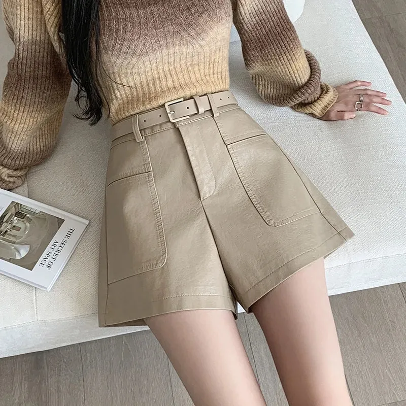 High Waist Casual Leather Shorts with Pockets for Autumn/Winter