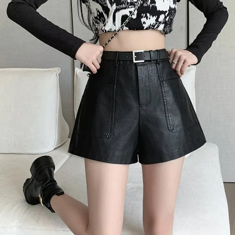 High Waist Casual Leather Shorts with Pockets for Autumn/Winter
