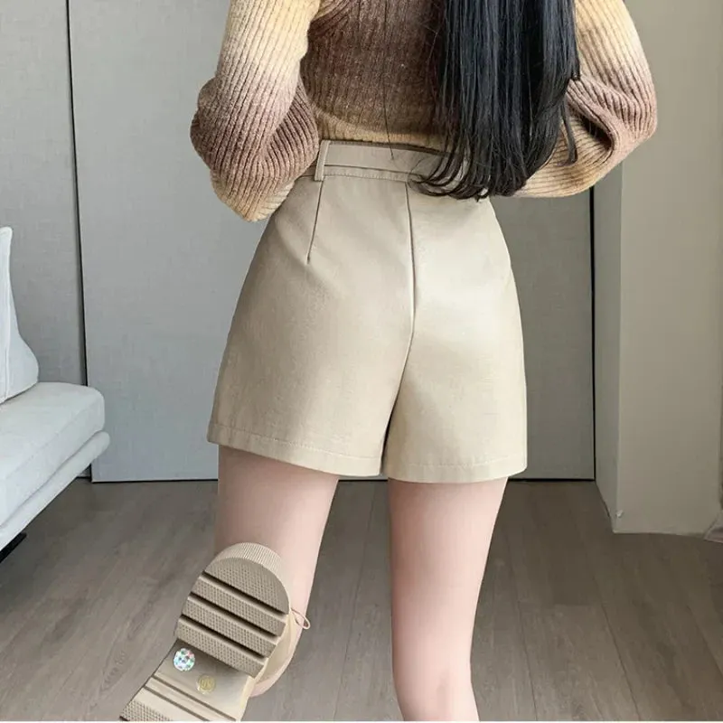 High Waist Casual Leather Shorts with Pockets for Autumn/Winter