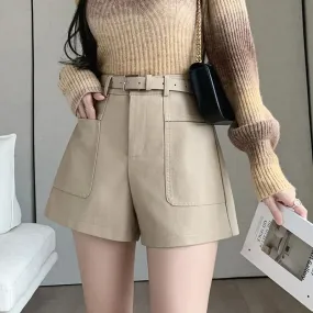 High Waist Casual Leather Shorts with Pockets for Autumn/Winter
