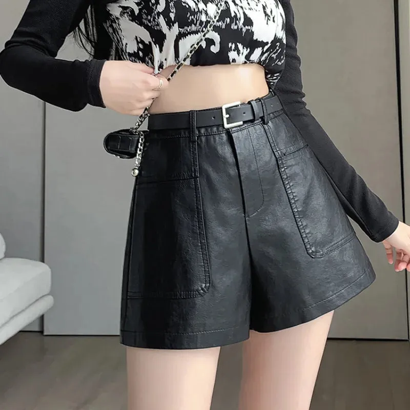 High Waist Casual Leather Shorts with Pockets for Autumn/Winter