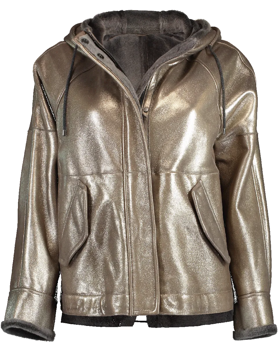 Metallic Shearling Hooded Jacket