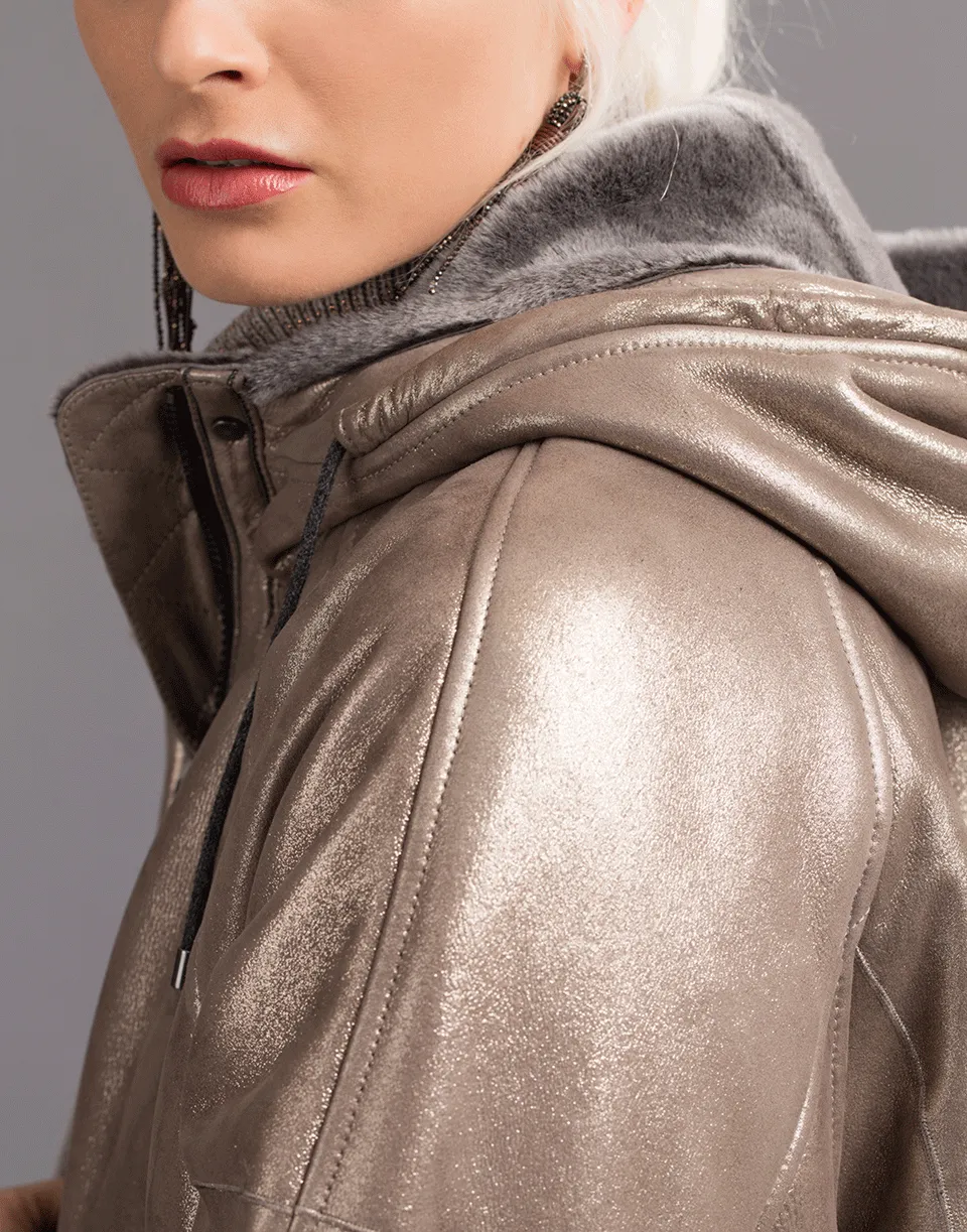 Metallic Shearling Hooded Jacket