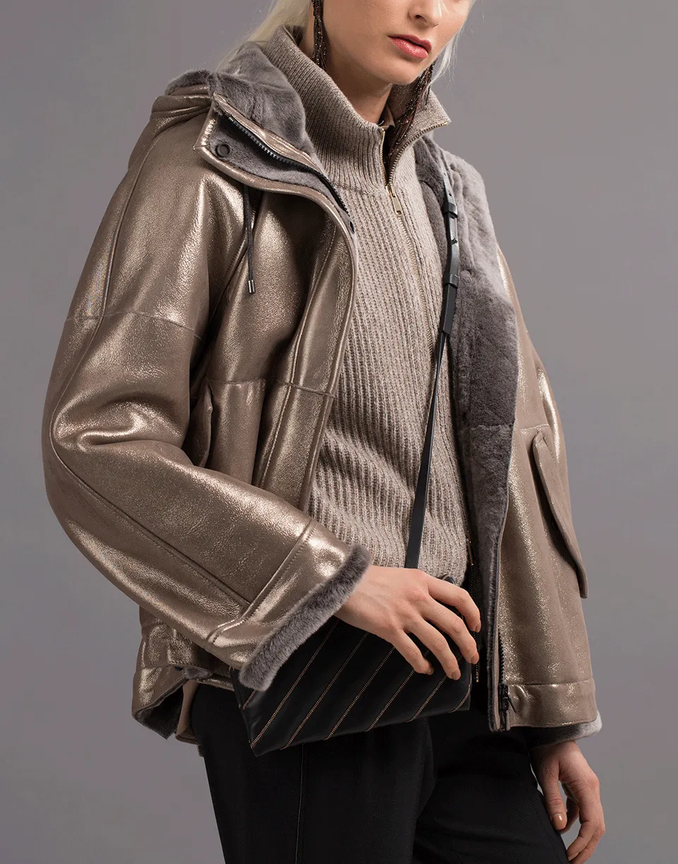 Metallic Shearling Hooded Jacket