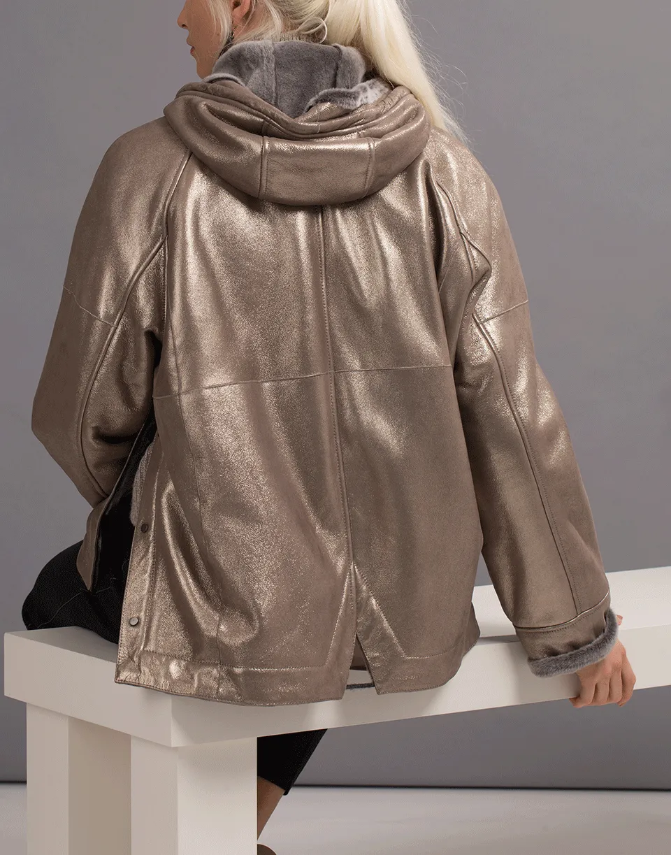 Metallic Shearling Hooded Jacket