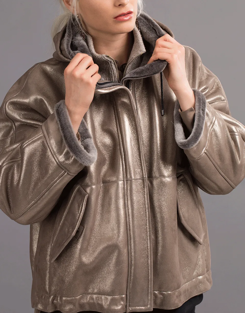 Metallic Shearling Hooded Jacket